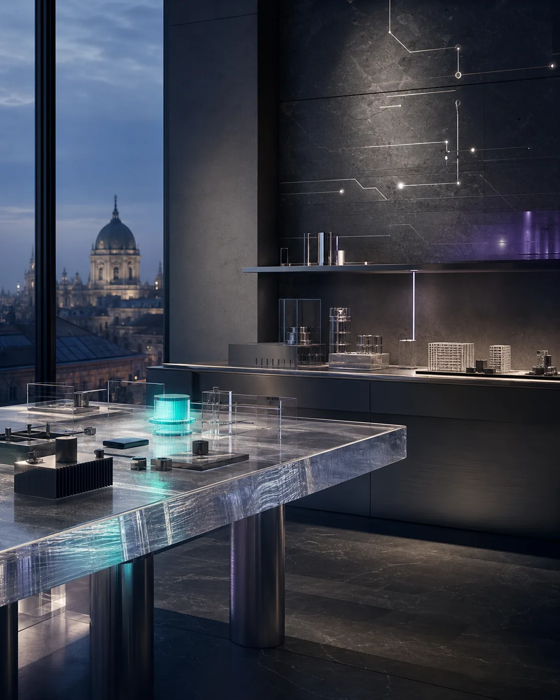 A cinematic FluxonLab product studio overlooking Vienna