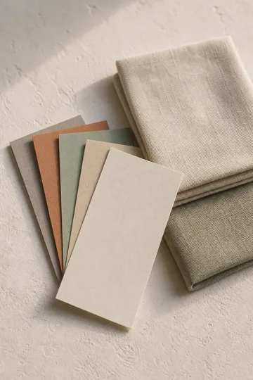 A fan of paper colour swatches and two folded fabric samples on a pale plaster surface.