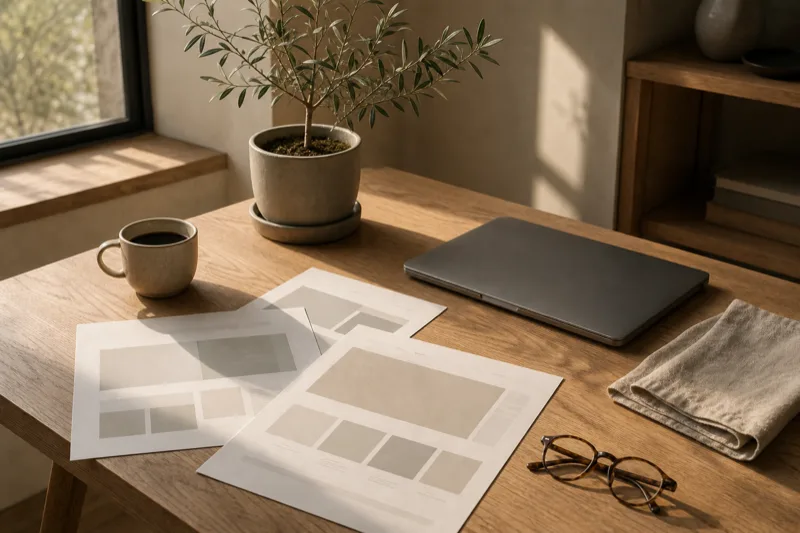 A quiet studio desk with printed layout sheets, a closed laptop and a small olive plant in afternoon light.